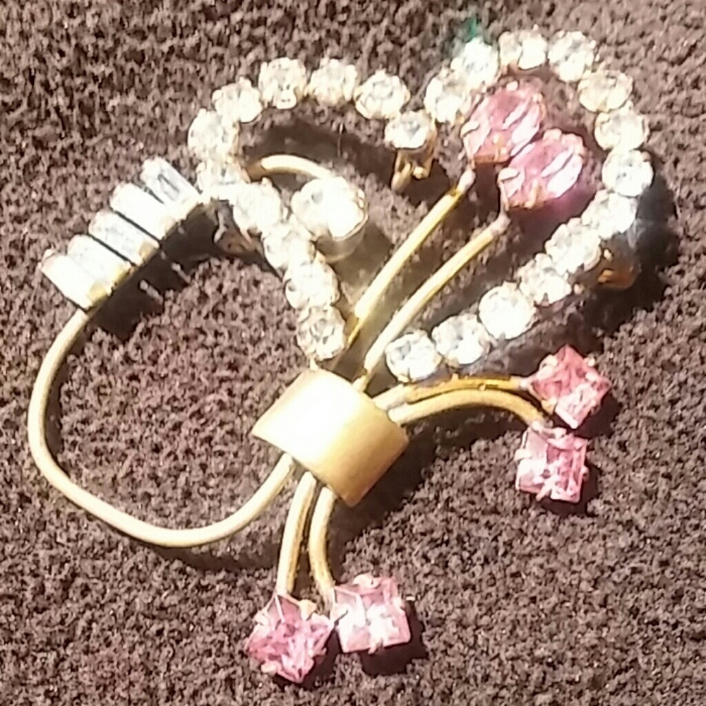 Vintage 1950's Quill Rhinestone Heart Brooch 12Kgf